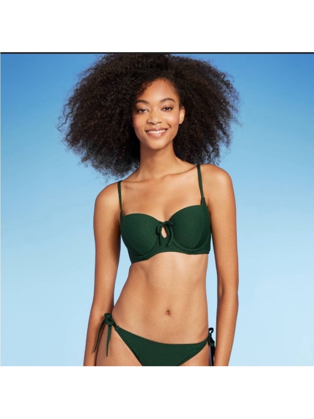 Tie-Front Keyhole Textured Bikini Top in Green